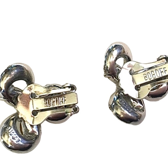 Vintage Rhinestone Clip on Earrings, Signed Bogoff, Glam - Picture 7 of 8